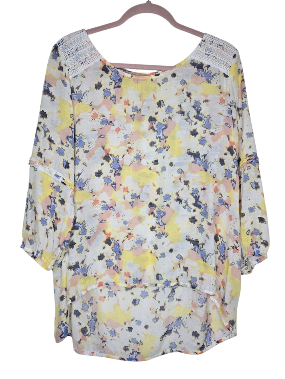 Hope & Harlow watercolor print blouse featuring bohemian crochet lace trim